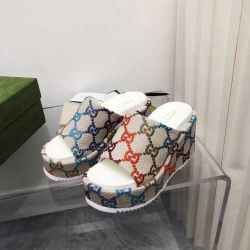 橙子出厂价 GUCCI 古驰 夏季新款 防水台坡跟厚底拖鞋 刺绣款# 底厚：前掌7cm、后跟12cm 码数：35-42
