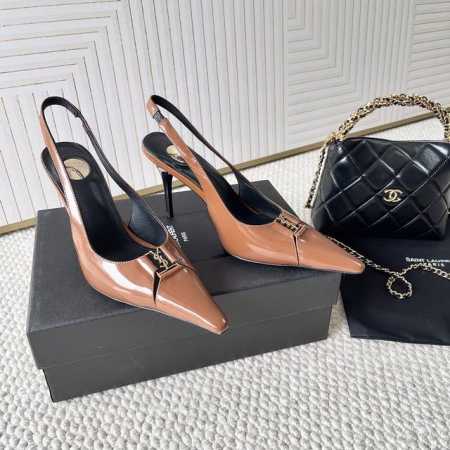 SAINT LAUREN*ysl圣罗兰SS25新款 小方头后空高跟凉鞋鞋面: 真丝布 开边珠牛皮 大底：真皮大底跟高：9cm码数：35-39 34.40.41. - 点击图像关闭