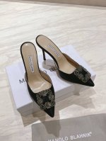 橙子出厂价P P130 Manolo Blahnik 春夏新款 Mb水钻方扣尖头高跟拖 穆勒鞋 包头半拖 高跟凉鞋 高密度进口真丝，内里，垫脚羊皮，施华洛世奇水