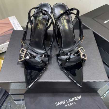 SAIN* LAURENT 圣罗兰YSL 烤漆跟高跟凉鞋经典logo字母设计，上脚超美，原版1:1开模，官网同步 面料：漆皮 垫脚：进口羊皮 鞋底：意大利真皮大 - 点击图像关闭
