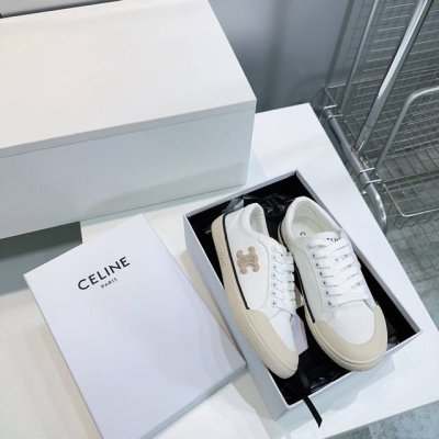 工厂p价 女装女鞋 运动原单顶级品质Celine 赛琳2025春夏新品Alan Triomphe系列帆布鞋休闲小白鞋上新鞋侧面搭配品牌元素凯旋门Logo橡胶贴饰