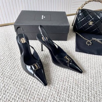 SAINT LAUREN*ysl圣罗兰SS25新款 小方头后空高跟凉鞋鞋面: 真丝布 开边珠牛皮 大底：真皮大底跟高：9cm码数：35-39 34.40.41.