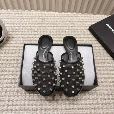 Alexander Wang 亚力山大王 2025早春新款铆钉 网布半托拖鞋平底拖鞋 简约时尚 鞋面:进口牛皮 内里:进口牛皮里 垫脚:进口真皮大底 码数:35