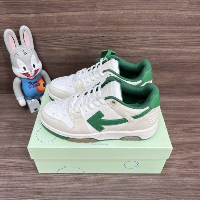 顶级版本Off-White Out Of Office 低帮滑板鞋情侣款白绿。 Off-White箭头符号、Ziptie 标签、1Ogo印花等经典元素皆在此呈现