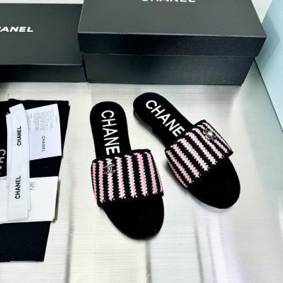 真皮大底，Chanel 香奈儿 24S 条纹拼色毛线拖;码数5-40; 定做41 42不退换