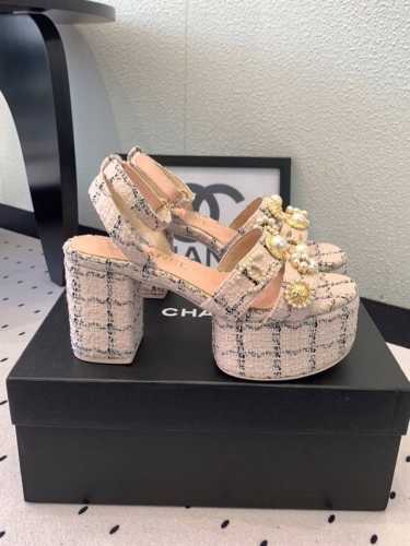 Chanel新款春夏高跟凉鞋 高版本出货 上脚特显腿型 爱美小仙女必备单品 进口牛皮 毛呢布鞋面 原版开模五金扣子 羊皮内里 原版开模大底 Size: 35-3