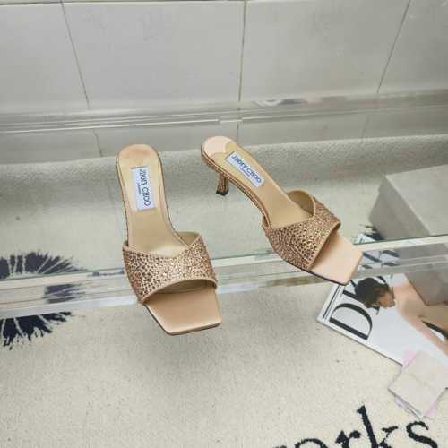 Jimmy Choo 中跟鱼嘴凉鞋真丝烫钻面拖鞋 鞋面：进口真丝＋高温烫钻 内里：进口羊皮 大底：意大利进口真皮大底 跟高：6.5Cm 码数：35-39 34