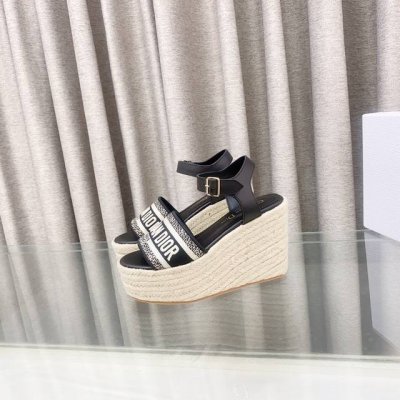 迪奥 Dior 2025春夏新款 Ivieta Dway 厚底脚环绑带拼色女鞋 Cd字母Logo立体刺绣草编坡跟圆头露趾凉鞋 材质:鞋面进口电绣高温水溶棉质科技
