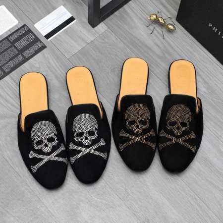 商品商标：Philipp Plein 菲利普-普莱茵] 半拖 拖鞋 正码码数: 38-44 45订做不退换 商品材料：精选 反绒牛皮烫钻鞋面 牛皮内里 原版大底 - 点击图像关闭