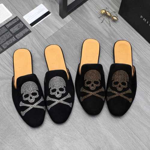 商品商标：Philipp Plein 菲利普-普莱茵] 半拖 拖鞋 正码码数: 38-44 45订做不退换 商品材料：精选 反绒牛皮烫钻鞋面 牛皮内里 原版大底
