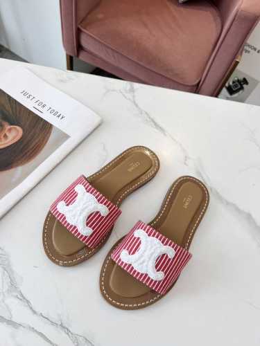 皮底 CELINE 赛琳 2024春夏新品半拖鞋鞋面采用原版定制布料，大底下层原版生胶上层真皮底组合，质感非凡上脚超级好看码数35-41 41定做不退换