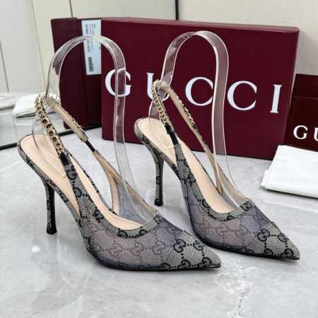 Gucci 古驰 25链条高跟凉鞋 面料：布+网纱 内里:羊皮 大底：意大利真皮大底 跟高：4.5Cm 10.5Cm 码数：35-42 - 点击图像关闭