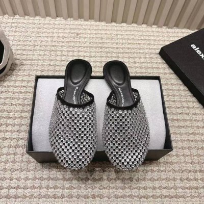 Alexander Wang 亚力山大王 2025早春新款 进口钻鱼纹网格布半托拖鞋平底拖鞋 简约时尚 鞋面:进口牛皮 内里:进口牛皮里 垫脚:进口真皮大底 码