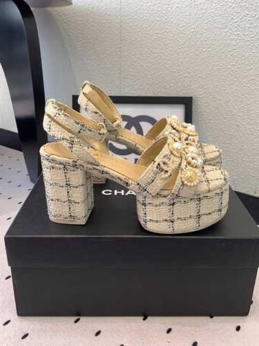Chanel新款春夏高跟凉鞋 高版本出货 上脚特显腿型 爱美小仙女必备单品 进口牛皮 毛呢布鞋面 原版开模五金扣子 羊皮内里 原版开模大底 Size: 35-3