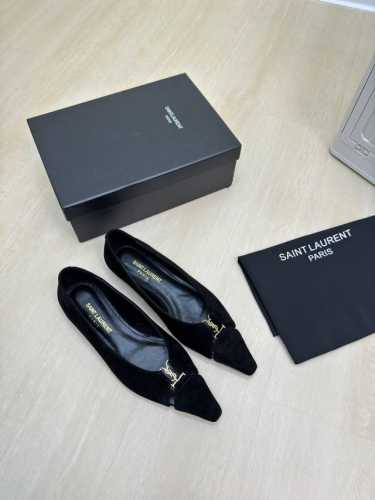YSL平底后空 logo 外销经典 Yvette Saint Laurent圣罗兰logo 平底鞋 黑色 羊反绒皮 最懂女人心的杨树林 无死角的美鞋 撑起气场