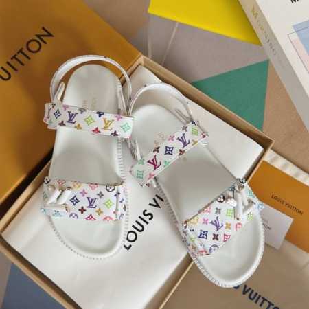 顶级版本：女款 LV村上隆联名 L家驴牌BOM DIA COMFORT系列 魔术贴 牛仔布 老花 凉鞋 平底凉拖鞋原版购入开发 做货 本款 Bom Dia Co - 点击图像关闭