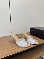 Chanel-小香25K 春夏新品网纱烫钻双C高跟拖 P380 Chanel-小香24P夏新品网纱蕾丝双C高跟拖鞋，百搭显脚瘦气质款，搭配性感网纱配饰，颜值爆棚