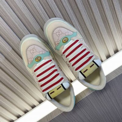 gucci最新款胖嘟嘟厚底脏脏鞋~~情侣款休闲鞋 6Cm增高鞋~~ 鞋面擦色牛皮拼接经典双G布面料 毛巾布里细腻吸汗透气 垫脚乳胶注塑一体 私模6Cm厚Tpu双