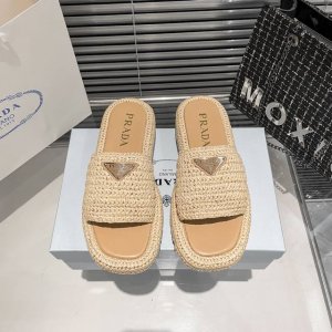 橙子出厂价p prada 普拉达春夏新款 编织厚底拖鞋 草编休闲凉拖 码数 35-42