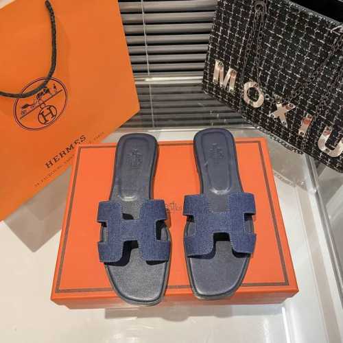 出厂 Hermes 爱马仕新款 牛仔布面H拖鞋 码数：35-41