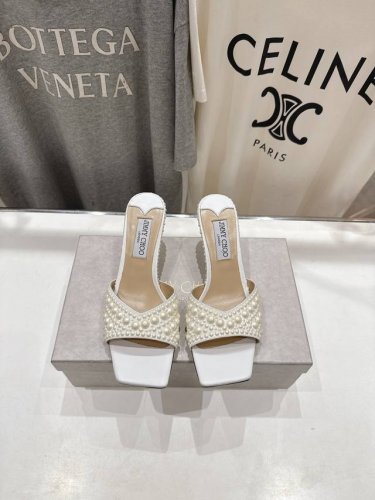 高版本出厂 Jimmy Choo*｜Jc 吉米周2025Ss春夏新款简约珍珠高跟鞋拖鞋 原版套楦，完美的线条，简约大气上脚显气质粗跟舒适百搭，还能拉长双腿显高显