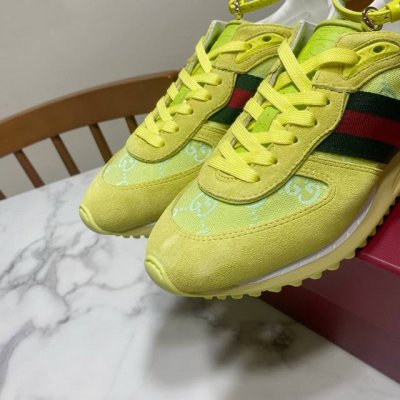 柠檬黄 Gucci 古奇 最新Re-Motion系列运动鞋，撞色拼接设计，时尚新颖，可拆卸可调节踝部绑带 鞋面为羊京 帆布，后脚跟为水染羊皮，注塑一体乳胶垫，超