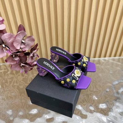 工厂p价 女装女鞋 运动原单 Versace范思哲 Gianni Ribbon 香水瓶水晶粗跟 高跟凉鞋 拖鞋 _______________________