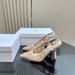 厂价 Dior 迪奥25S春夏新品 珍珠跟尖头后空高跟拖鞋 鞋面采用进口水钻网纱 内里采用羊皮内里 意大利进口牛皮大底 跟高：6.5Cm和9Cm 码数：35-3
