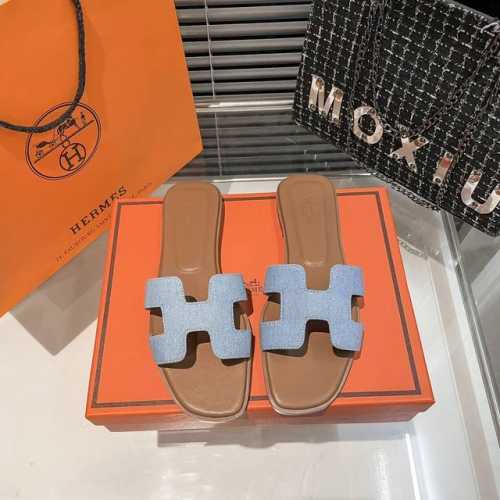出厂 Hermes 爱马仕新款 牛仔布面H拖鞋 码数：35-41