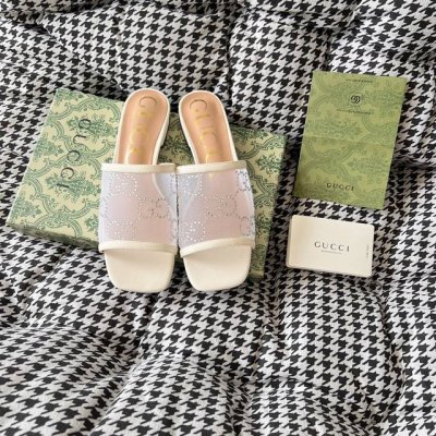 橙子出厂价p gucci 古驰 春夏新款 双G扣布面 水钻网纱 方头平底拖鞋 休闲凉拖 码数 35-39 可定制34.40.41.42