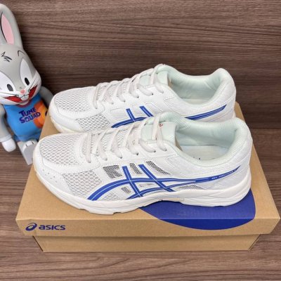 顶级版本Asics Gel-Contend 4 亚瑟士 轻便舒适防滑耐磨 白蓝低帮跑步鞋。 货号: T8D4Q-119 包装:全套得物配件毒盒配纯棉袜子一副。