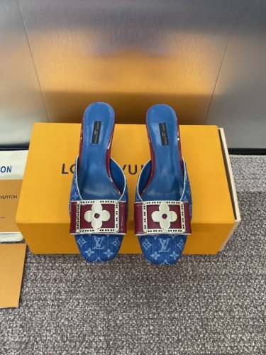 louis Vuitton 2025春夏新款猫跟果冻色女鞋 Lv 字母Logo五金扣方头拼色后空穆勒拖鞋 材质 鞋面进口环保透气老花皮+水染羊皮内里+意大利真皮