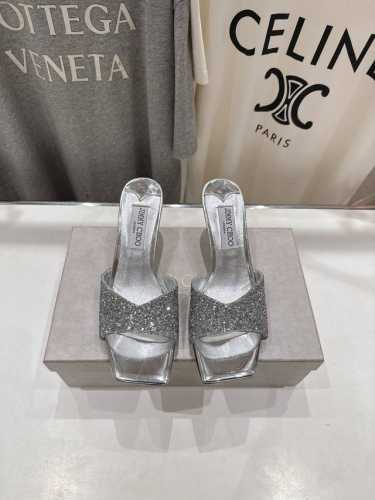 高版本出厂 Jimmy Choo*｜Jc 吉米周2025Ss春夏新款简约闪亮格力特高跟鞋拖鞋 原版套楦，完美的线条，简约大气上脚显气质粗跟舒适百搭，还能拉长双腿