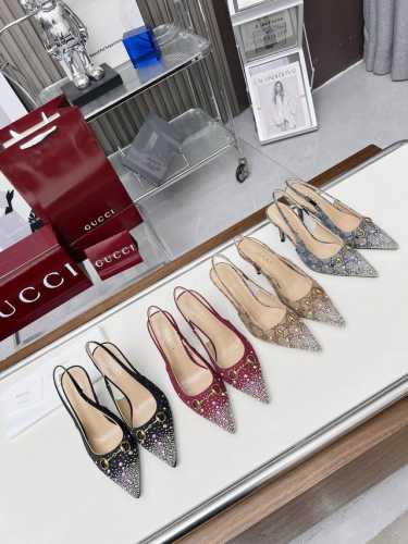 真皮底+50 原单品质Gucci2025春夏新品水钻高跟鞋，顶级品质发售购入正品开发原版烫钻工艺经典双G老花面，内里羊皮配合意大利原板材质与工艺原版一致 码数: