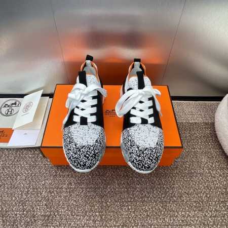 工厂价 爱马仕 Hermes 2024春夏经典情侣款 Flex 休闲系带运动鞋 H家编织bolduc细节厚底拼色一脚蹬毛线袜子跑鞋 材质：进口环保梭织羊毛面料 - 点击图像关闭
