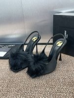 工厂p价p Saint Laurent paris 圣罗兰2025春夏新款Amber高跟女鞋 Ysl水貂毛明星同款方头鱼嘴露趾后空凉鞋 材质:鞋面100%进口真
