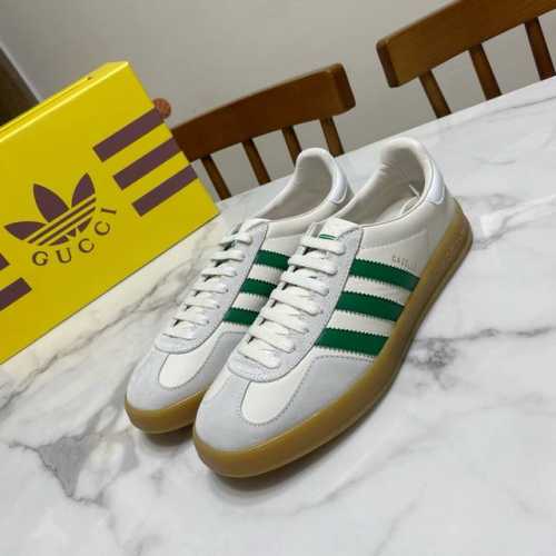 升级版 皮面、男款10 Gucci × adidas 三叶草联名德训鞋，经典三叶草 & 三条杠设计元素，凸显特色，休闲百搭，顶级版本 鞋面为牛反绒、牛皮、灯芯绒