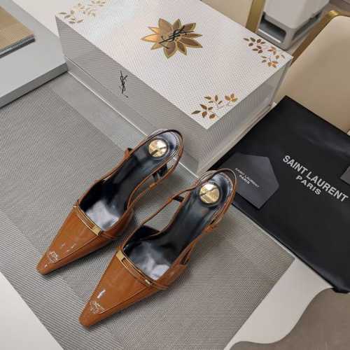 SAINT LAURENT ” SYL圣罗兰 顶级版本25SS众明星网红追捧的坡跟斜高跟，一字带尖头凉鞋。SYL 2025官方VIP 贵宾版金花磁铁盒 认清包装