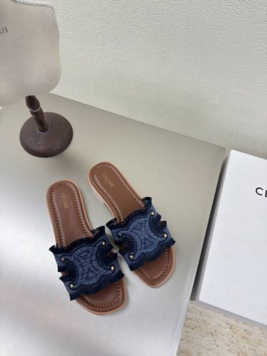 celine 夏日专属 流苏工艺 凯旋门系列 经典拖鞋 赛琳 家族元素设计 Logo 蓝色 立体绣花 而成 立体感十足 对标对版 边缘流苏工艺 舒适高端 内里小