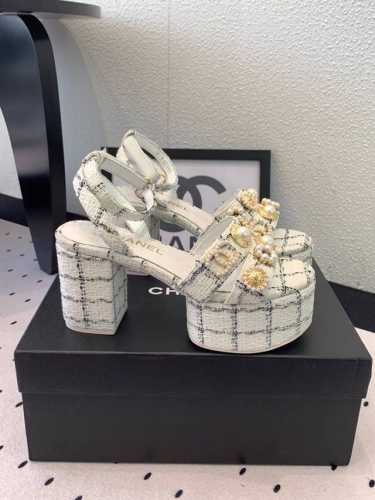 Chanel新款春夏高跟凉鞋 高版本出货 上脚特显腿型 爱美小仙女必备单品 进口牛皮 毛呢布鞋面 原版开模五金扣子 羊皮内里 原版开模大底 Size: 35-3