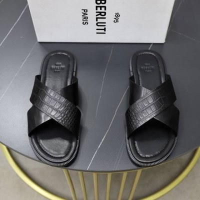 出厂价： Berluti 布鲁提 顶级手工上色牛皮男士拖鞋！ 全手工制作！有装饰的sifnos Scritto图纹皮革拖鞋！官！采用进口皮胚古法上色改色处理 鞋