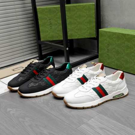 商品商标：Gucci 古驰 休闲男鞋 正码码数: 38-44 商品材料：精选压纹牛皮拼接织带鞋面 羊皮内里 橡胶大底 - 点击图像关闭