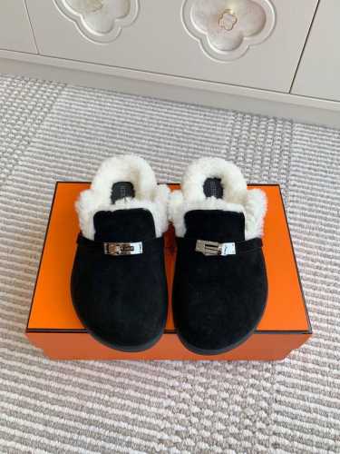 男女同款 Hermes 爱马仕H家 Kelly扣穆勒鞋包头羊毛拖鞋 顶级品质 鞋面：进口牛京 定制进口羊毛，原版开模大底 size：35-46