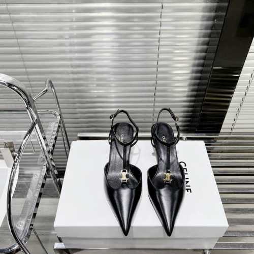 Celine 2024春夏小猫跟，尖鞋头造型，柔美的露脚设计，脚踝绑带。 Triomphe T字绑带设计，配有金属 Triomphe标志性元素绑带， 上脚真的超