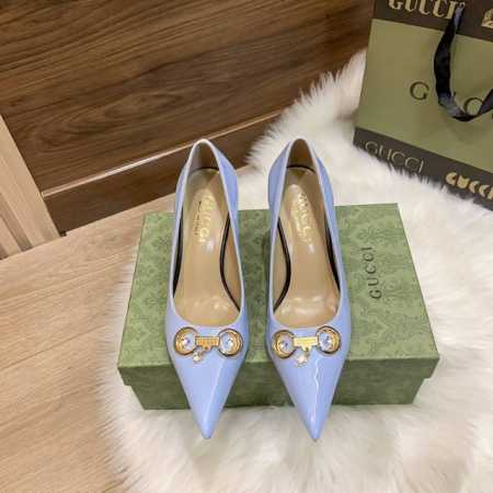 GUCCI 古驰 2024新款 水钻马衔扣尖头高跟鞋单鞋 材质：漆皮 跟高：7CM 码数：34-42 - 点击图像关闭