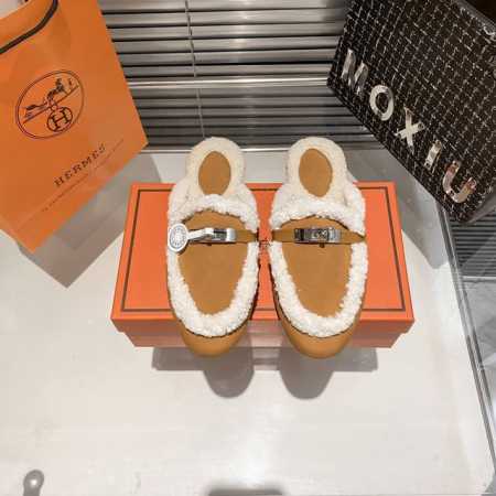 橙子出厂价 HERMES 爱马仕 秋冬新款 银扣加绒毛半拖 码数：35-42 - 点击图像关闭