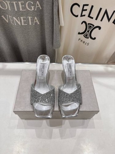 高版本出厂 Jimmy Choo*｜Jc 吉米周2025Ss春夏新款简约闪亮格力特高跟鞋拖鞋 原版套楦，完美的线条，简约大气上脚显气质粗跟舒适百搭，还能拉长双腿