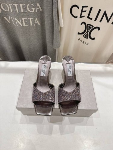 高版本出厂 Jimmy Choo*｜Jc 吉米周2025Ss春夏新款简约闪亮格力特高跟鞋拖鞋 原版套楦，完美的线条，简约大气上脚显气质粗跟舒适百搭，还能拉长双腿
