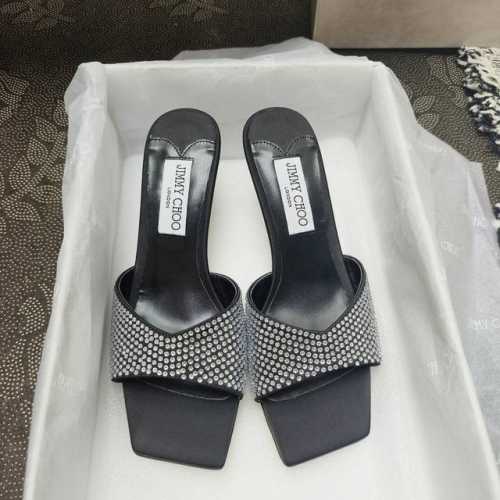 Jimmy Choo 中跟鱼嘴凉鞋真丝烫钻面拖鞋 鞋面：进口真丝＋高温烫钻 内里：进口羊皮 大底：意大利进口真皮大底 跟高：6.5Cm 码数：35-39 34