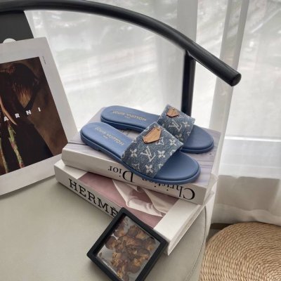橙子出厂价p louis Vuitton 路易威登 春夏新款 Lv牛仔布平底拖鞋 休闲凉拖 码数 35-41